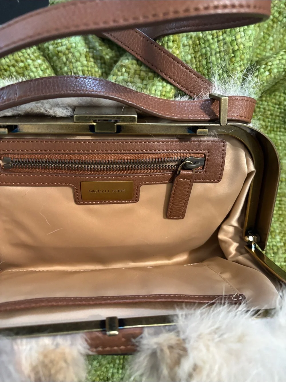 Michael Kors Faux Fur leather shoulder strap bag in Cream and Brown
